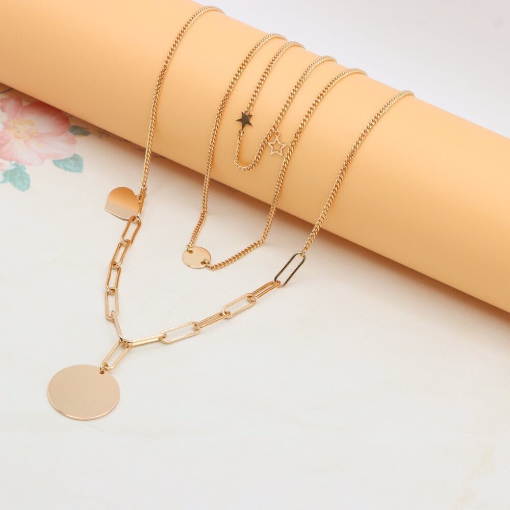 Layered Rose Gold Necklace with Star & Coin Charm – Adjustable Fit, XPNL0344
